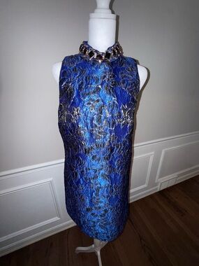 Lilly Pulitzer Royal Blue Brocade Jewel-Neck Midi Dress